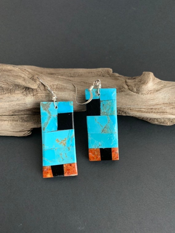 Lupita Calabaza 2 14 Native American Santo Domingo Blue Turquoise Apple Coral Mosaic Sterling Silver Earrings