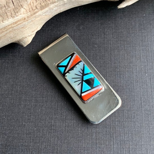 Reduced 25%: American Indian Turquoise Inlay Money Clip, Zuni Handcrafted Money Holder, Zuni  Multi Stone Money Clip.