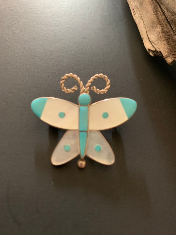 Vintage Sterling Pin, Turquoise Butterfly ZuniPin… - image 4