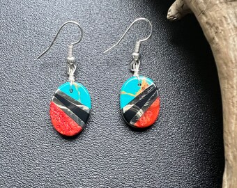 Native American Indeginous Jewelry, Artist Fabian Coriz, Santo Domingo Pueblo, Turquois Coral & Sterling Silver Earrings.