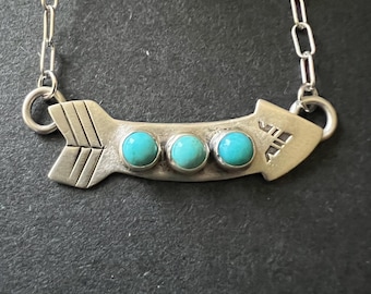 Sleeping Beauty Turquoise Arrow Necklace, Signed Sterling Silver Navajo Jewelry