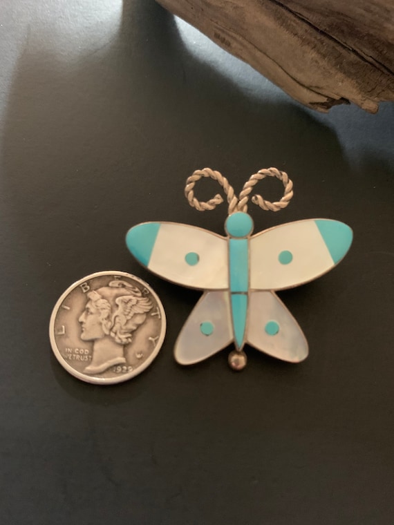 Vintage Sterling Pin, Turquoise Butterfly ZuniPin… - image 5