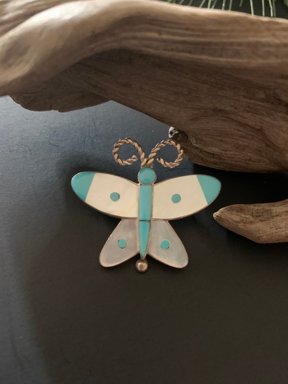 Vintage Sterling Pin, Turquoise Butterfly ZuniPin… - image 1