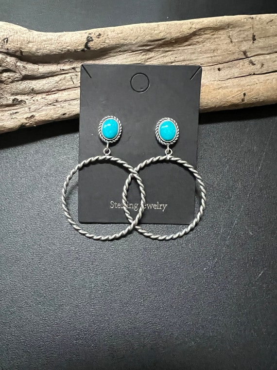 Native American Navajo Earrings, Turquoise Hoop E… - image 2