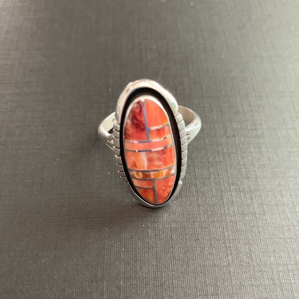 Native America Indian Jewelry, Vintage Zuni Orange Spiny Oyster Ring, Signed Native American Inlay Ring, Native American Zuni Oyster Ring