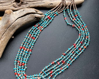 Navajo 5 Five Strand Turquoise, Coral & Heishi Handstrung Necklace, A Tallis Artist, Native American  Turquoise Coral Nugget Necklace.