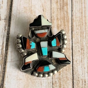 Phenomenal Vintage Native American Zuni Turquoise Inlay Sterling Silver Knife Wing Tie Tack Old Phenomenal Vintage Native American Zuni Turquoise Inlay Sterling Silver Knife Wing Tie Tack Old