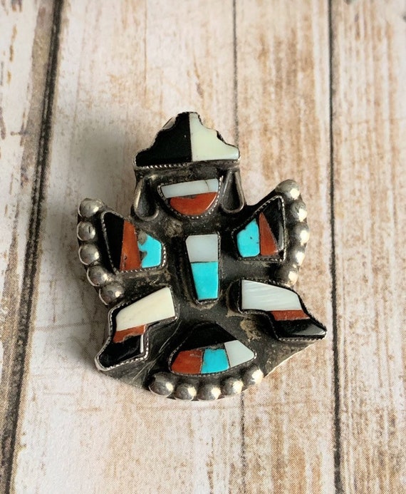 Early Vintage Native American Zuni Turquoise Coral Sterling Silver Inlay Kachina Ring Old Early Vintage Native American Zuni Turquoise Coral Sterling Silver Inlay Kachina Ring Old