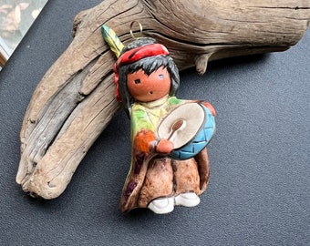 DeGrazia Indian Boy Ornament, Native Drummer Boy Christmas Ornament, Indian Drummer Boy, 1986 Collectable.