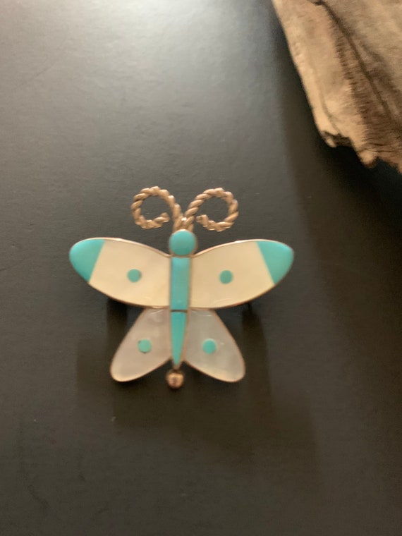 Vintage Sterling Pin, Turquoise Butterfly ZuniPin… - image 7