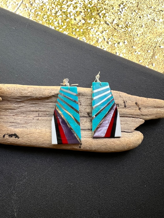 Native American Very Intricate Santo Domingo Turquoise Geometirc Sterling Silver Earrings Native American Very Intricate Santo Domingo Turquoise Geometirc Sterling Silver Earrings