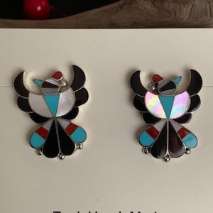 Native America Zuni Earrings, Zuni Thunderbird Inlay Earrings, Jewelry,  Zuni Artist Signed, Channel Inlay Traditional Design .