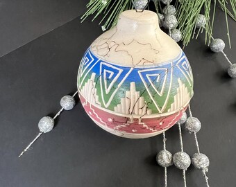 Signed Navajo Pottery Christmas Ornament, Horse Hair Etched, Dine' Art