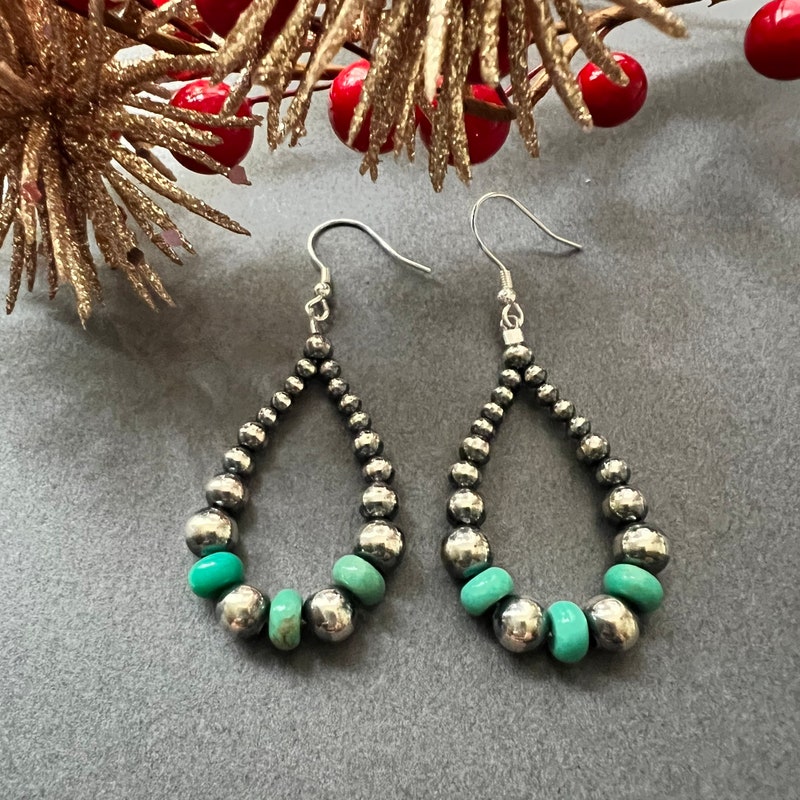 Navajo | Navajo Handmade Sterling Silver Navajo Pearl Hoop Earrings with Turquoise, Brown, and Green Beads main image 1