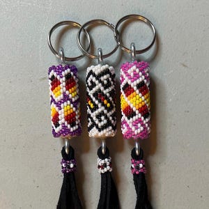 Beaded Keychain, Navajo Seed Bead Keyring with Leather Fringe
