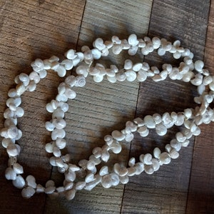 May include: A white shell necklace made of small, irregular shaped shells. The necklace is layered, creating a double strand effect.