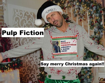 L/XL, Ugly Christmas Sweater, Pulp Fiction, say merry christmas again, men's, naughty, Contest winner, xmas sweater, funny, blood