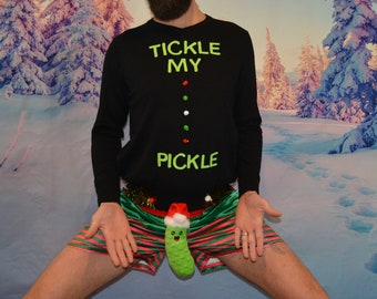 Hombres feos suéter de Navidad, Tickle my pickle, hombres de varios tamaños, pepinillo de Navidad, suéter de fiesta, travieso, divertido, sucio, ganador del concurso