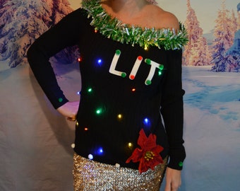 sexy ugly Christmas sweater, mulit size, off the shoulder, sexy, women, lit, party, jumper, xmas sweater, funny, cute,