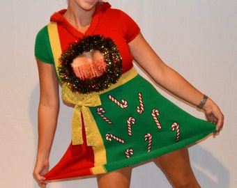 Small Sexy Ugly Christmas sweater dress, low cut, cut outs, Woman's, chest, breasts, under boob, naughty, elf, jumper, bad santa