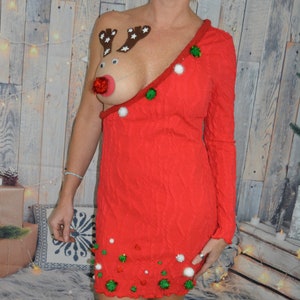 Small, Sexy Ugly Christmas Sweater dress, made for your BARE breast, cut out, see details, one shoulder, reindeer boob, one of a kind