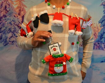 multi size, Ugly Christmas Sweater, liquor pocket, flask holder, Party Sweater, men's, alcohol, Santas laundry