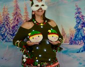 XL, Ugly Christmas Sweater, light up, one of a kind, sexy, ugly xmas sweater, woman 39 s, boob elfs, off the shoulder, contest winner