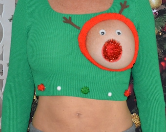 Sexy Ugly Christmas Sweater, crop top, NO es UNA teta de PLÁSTICO, recortada, ver detalles, teta, pecho, jersey, teta de reno, talla múltiple, divertida