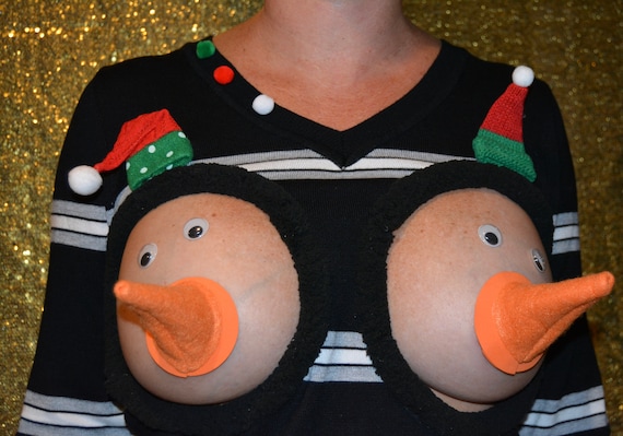 Snowman Boobs, Sexy Ugly Christmas Sweater, They Are NOT PLASTIC Boobs, Boob,  Breast, Jumper, Cut Out, Snowman Nipple, Halloween Costume 