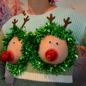 Sexy Ugly Christmas Sweater, NOT PLASTIC boobs, cut out, see details, boob, breast, jumper, reindeer boob, 2 reindeer cut outs, boob wreath