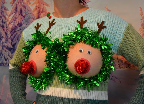 Sexy Ugly Christmas Sweater, NOT PLASTIC Boobs, Cut Out, See Details, Boob,  Breast, Jumper, Reindeer Boob, 2 Reindeer Cut Outs, Boob Wreath 