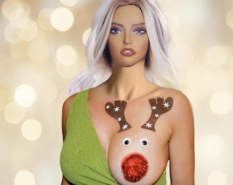 Pezones navideños sexys y feos, pechos de reno, Rodolfo, mujer u hombre, burlesco, reno, pezones, camisa no incluida, pecho, pecho