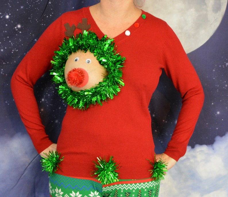 Sexy Ugly Christmas Sweater, it is NOT A PLASTIC boob, cut out, see details, boob, breast, jumper, reindeer boob, multi versions image 2