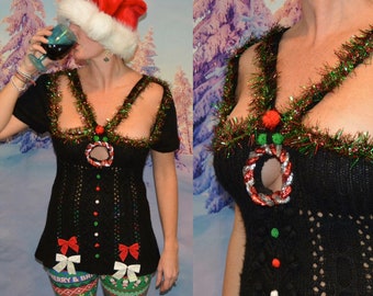 Small, Sexy Ugly Christmas sweater, low cut, cut outs, Woman's, chest, breasts, under boob, sexy sweater, jumper, bad santa