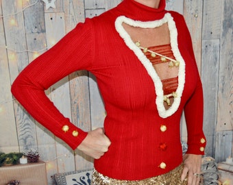 Pequeño, suéter navideño feo y sexy, V profundo, rojo con dorado, mujer, fiesta, jersey, suéter navideño, corte súper bajo, novedad