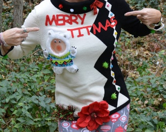 Large, Ugly Christmas Sweater, Merry Titmas, Party Sweater, Women, one of a kind, funny, crotch flower