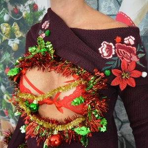 Ugly Christmas Sweater women, Multi size, sexy Christmas Sweater, with pasties, Boob, cut out, chest, breasts, xmas sweater, one of a kind