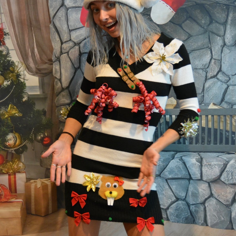 XS Small Sexy Ugly Christmas Sweater dress with red bows | Etsy