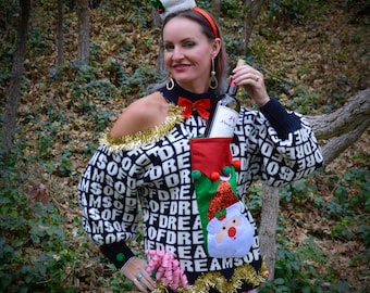 Ugly Christmas Sweater, Medium, oversize 1980's style and baggy sweater, Wine Holder stocking, Dream of wine, woman's wine, cut out