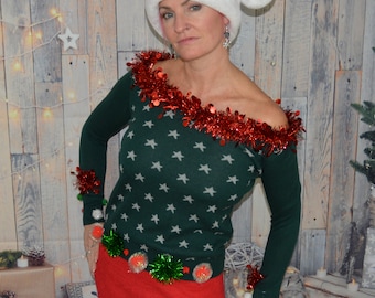 XS/Small, Suéter navideño feo y sexy, fuera del hombro, mujer, fiesta, jersey, suéter navideño, verde oscuro con estrellas, novedad