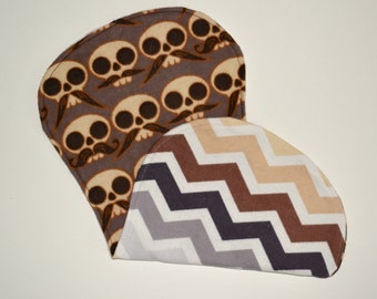 Brown Skeleton Mustache Burp Cloth with Chevron Print, skull, mustache