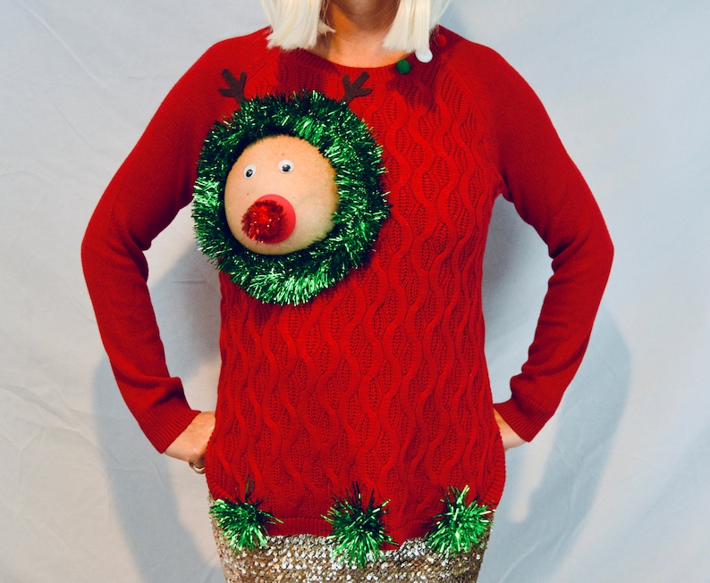 Sexy Ugly Christmas Sweater, it is NOT A PLASTIC boob, cut out, see details, boob, breast, jumper, reindeer boob, multi versions image 6