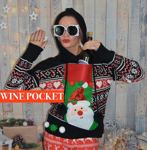 Large Ugly Christmas Sweater Wine Holder Stocking Woman s Wine Novelty Liquor Holder Novelty Xmas Jumper Seltzer Pocket Hood Etsy UK