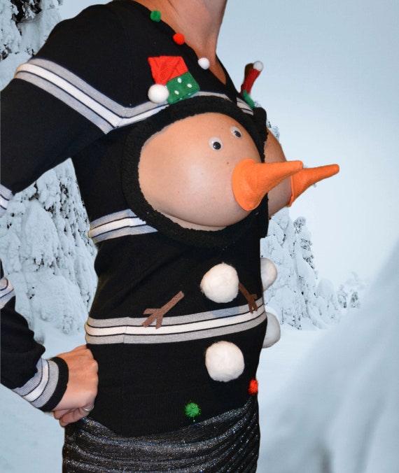 Snowman boobs, Sexy Ugly Christmas Sweater, They are NOT PLASTIC boobs,  boob, breast, jumper, cut out, snowman nipple, halloween costume -   Portugal