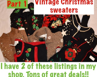 Op de afbeelding: Een verzameling vintage kersttruien in verschillende kleuren, waaronder zwart, bruin en rood. Sommige truien hebben vakantie-thema's zoals hulst, sneeuwvlokken en ornamenten. De tekst "Vintage Christmas Sweaters" is zichtbaar.