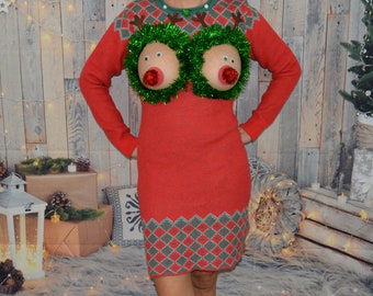 mediano, vestido suéter navideño feo y sexy, hecho para tu pecho desnudo, recortado, ver detalles, pecho, jersey, teta de reno, único en su tipo