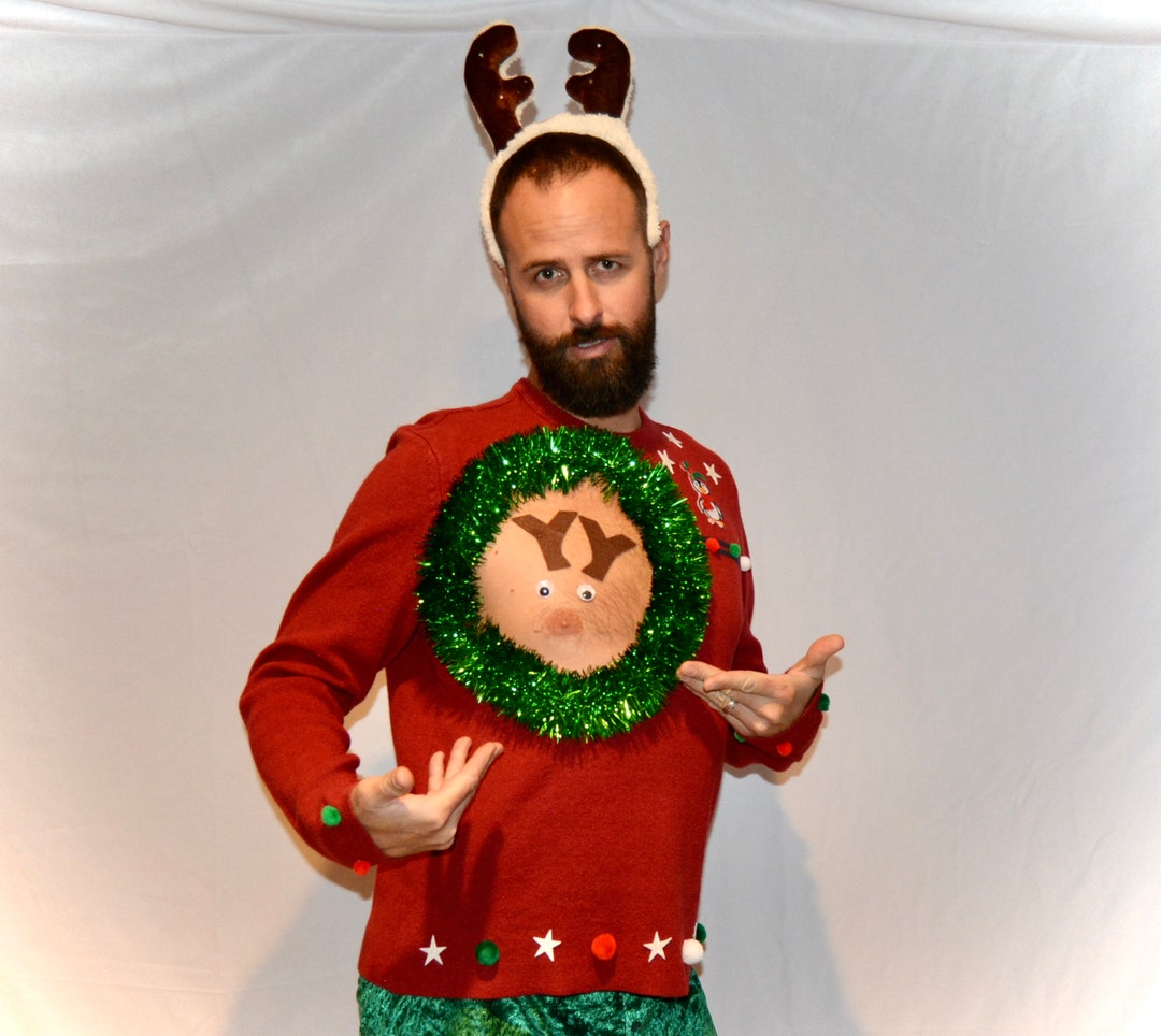 Ugly Christmas Sweater, Multi Size, Version of This, Reindeer Boob, Mens,  Pastie, Rudolf, Sexy, Reindeer, Chest, Red, Green, M, L, Xl, 2XL 