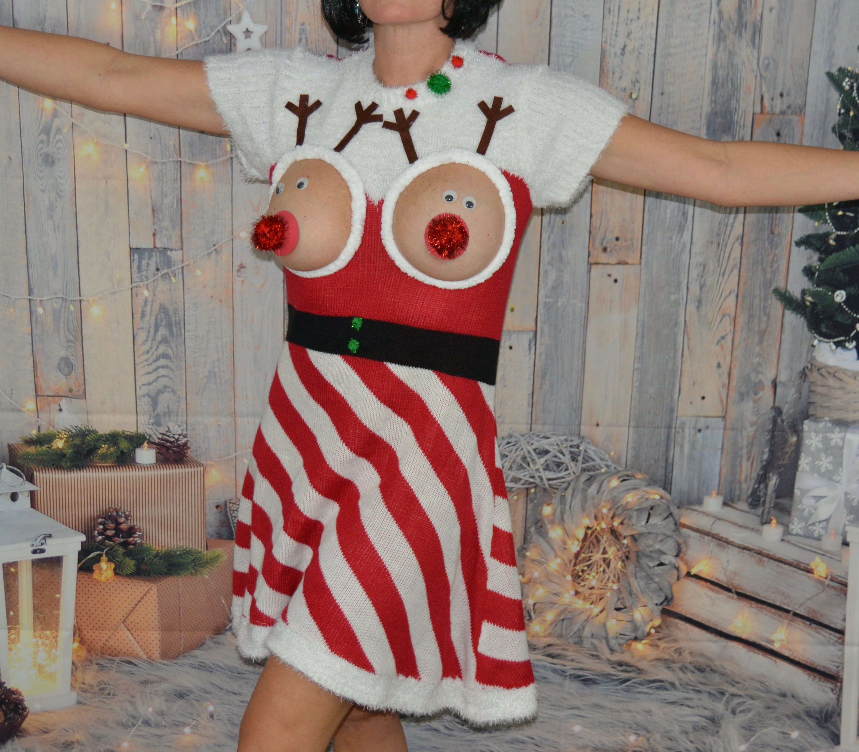 Sweater Dress Ugly Sweater Boob Reindeer Sweater Dress Reindeer - Main Image