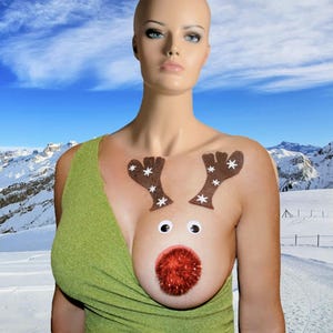 Pezones sexys y feos de Navidad, pechos de reno, Rudolf, mujeres u hombres, burlesco, reno, pezones, camisa no incluida, pecho, teta