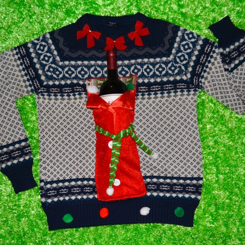 Wine Holder Ugly Christmas Sweater, woman's MEDIUM, alcohol, wine, novelty, wine blanket, one of a kind, vintage sweater base